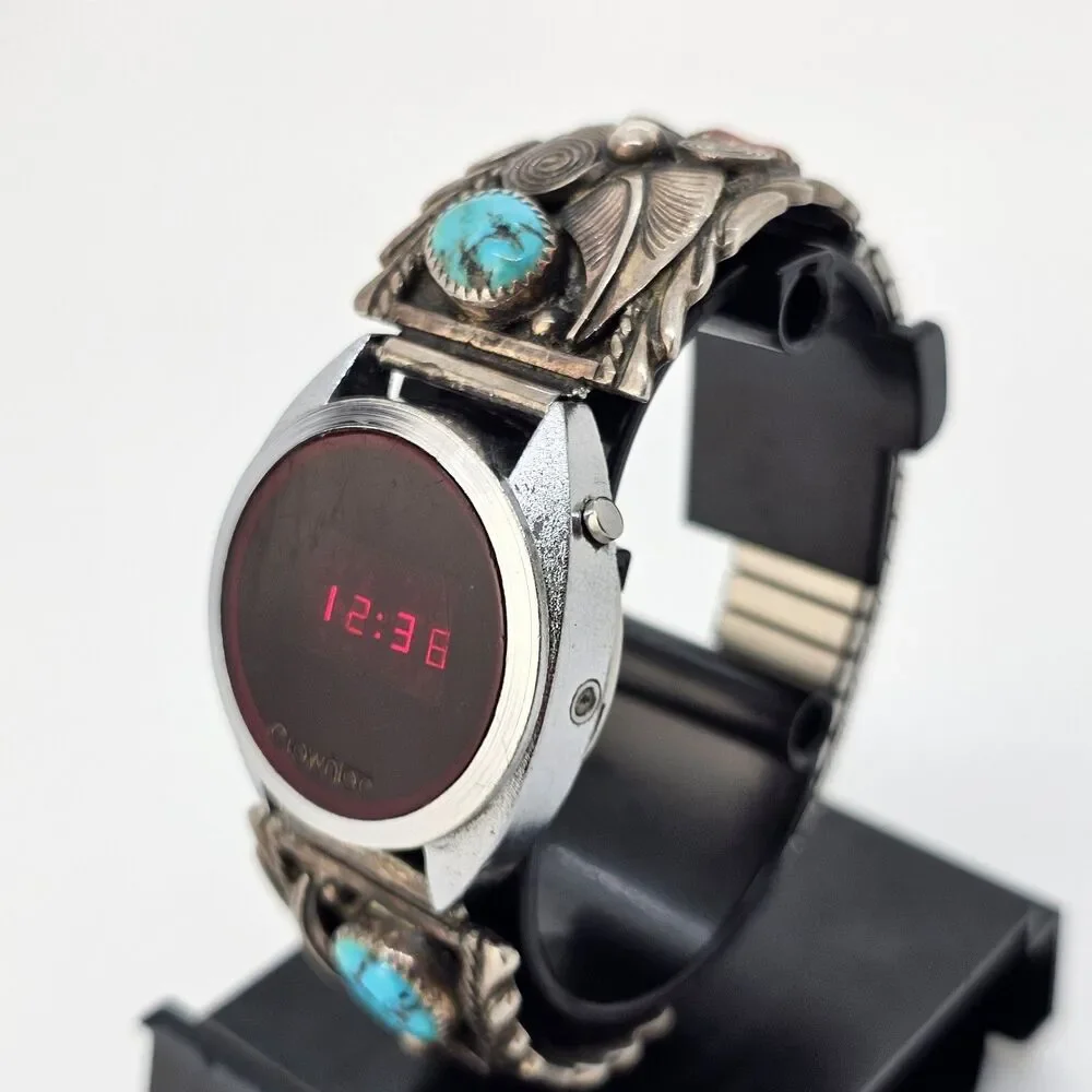 VTG Navajo Sterling Silver Flower Coral Turquoise Band‎ CrownTec Digital Watch